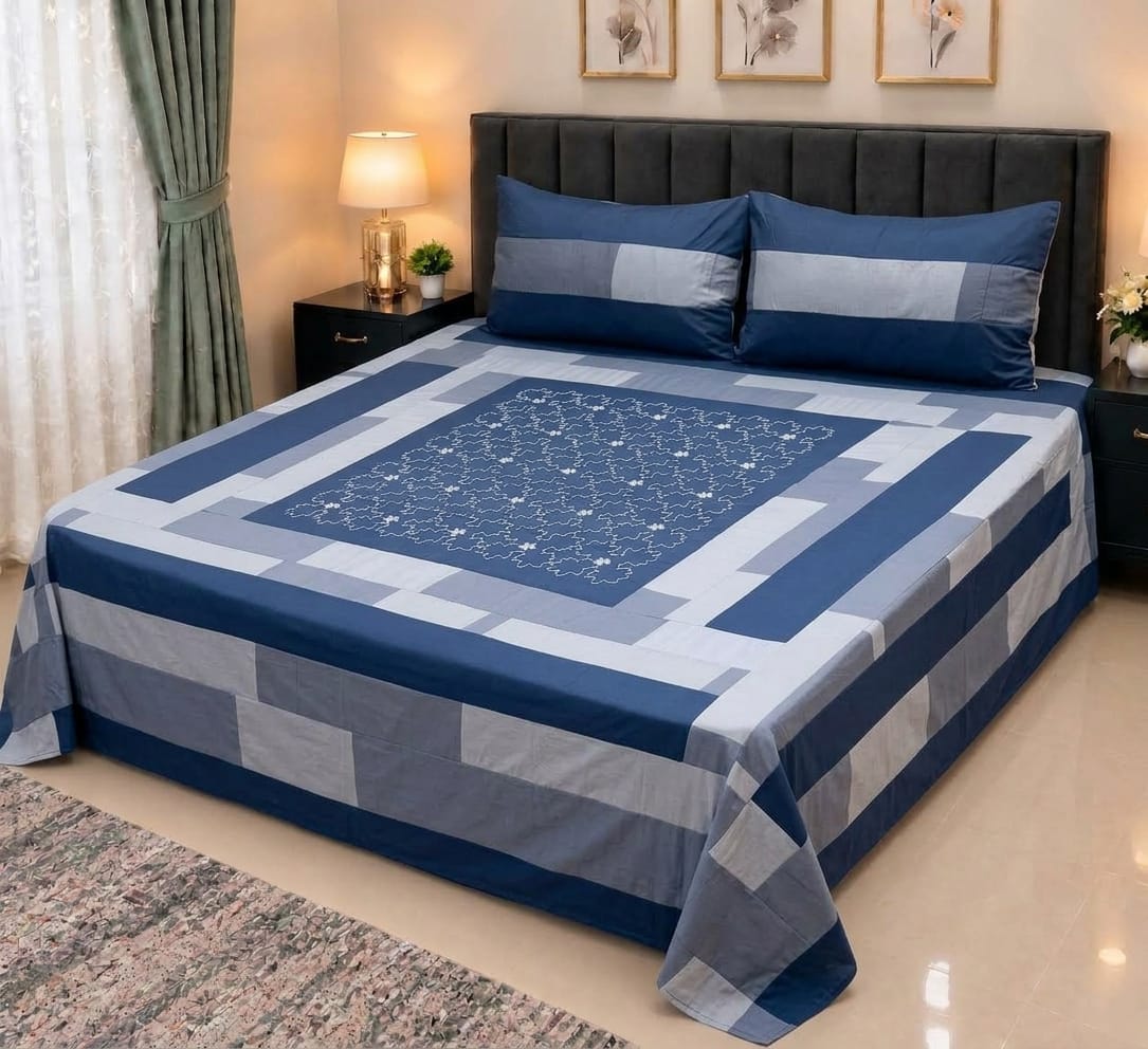 Embroidered Patch Work King Size Bedsheet | Premium Cotton