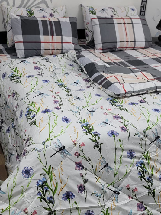 6 Piece Cotton Comforter Set King Size | 100% Pure Cotton Quilted Bedspread with Bedsheet & 4 Pillow Covers | Soft Floral Bedding Set