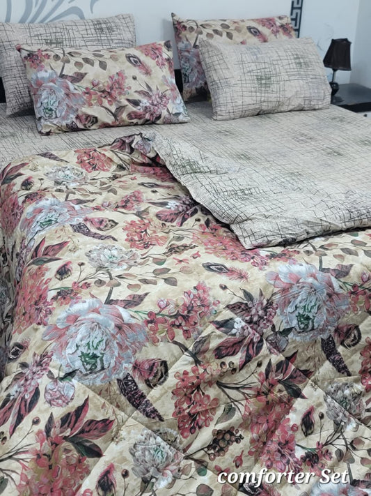6 Piece Cotton Comforter Set King Size | 100% Pure Cotton Quilted Bedspread with Bedsheet & 4 Pillow Covers | Soft Floral Bedding Set