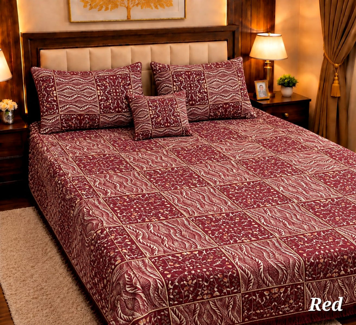4 Pc Velvet Jacquard Bedsheet King Size | Luxury Printed Bed Sheet Set with 2 Pillow Covers & Cushion Cover | Red