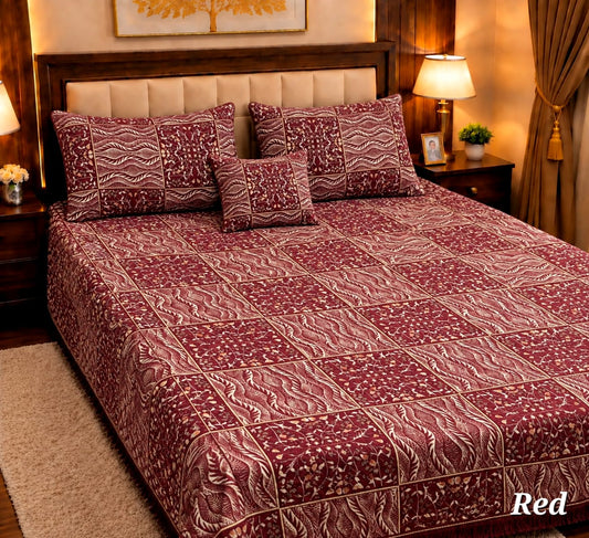 4 Pc Velvet Jacquard Bedsheet King Size | Luxury Printed Bed Sheet Set with 2 Pillow Covers & Cushion Cover | Red