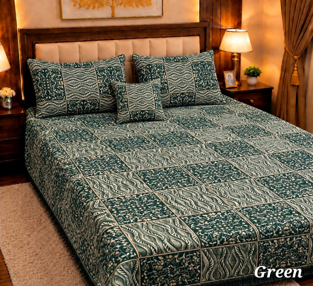 4 Pc Velvet Jacquard Bedsheet King Size | Luxury Printed Bed Sheet Set with 2 Pillow Covers & Cushion Cover | Green