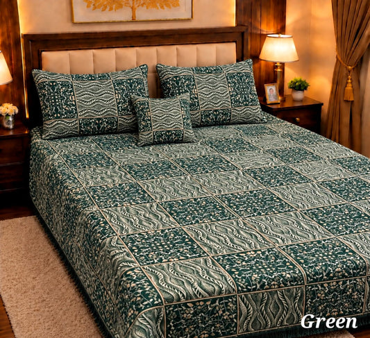 4 Pc Velvet Jacquard Bedsheet King Size | Luxury Printed Bed Sheet Set with 2 Pillow Covers & Cushion Cover | Green