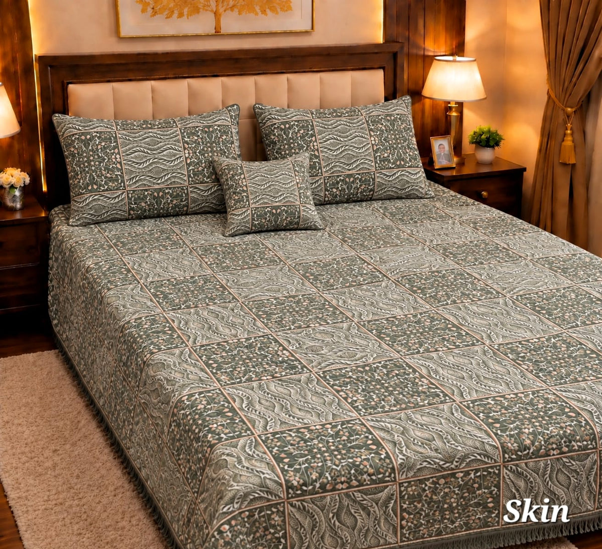 4 Pc Velvet Jacquard Bedsheet King Size | Luxury Printed Bed Sheet Set with 2 Pillow Covers & Cushion Cover |Skin
