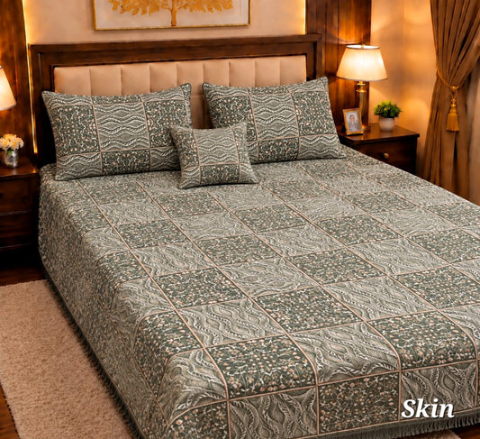 4 Pc Velvet Jacquard Bedsheet King Size | Luxury Printed Bed Sheet Set with 2 Pillow Covers & Cushion Cover |Skin