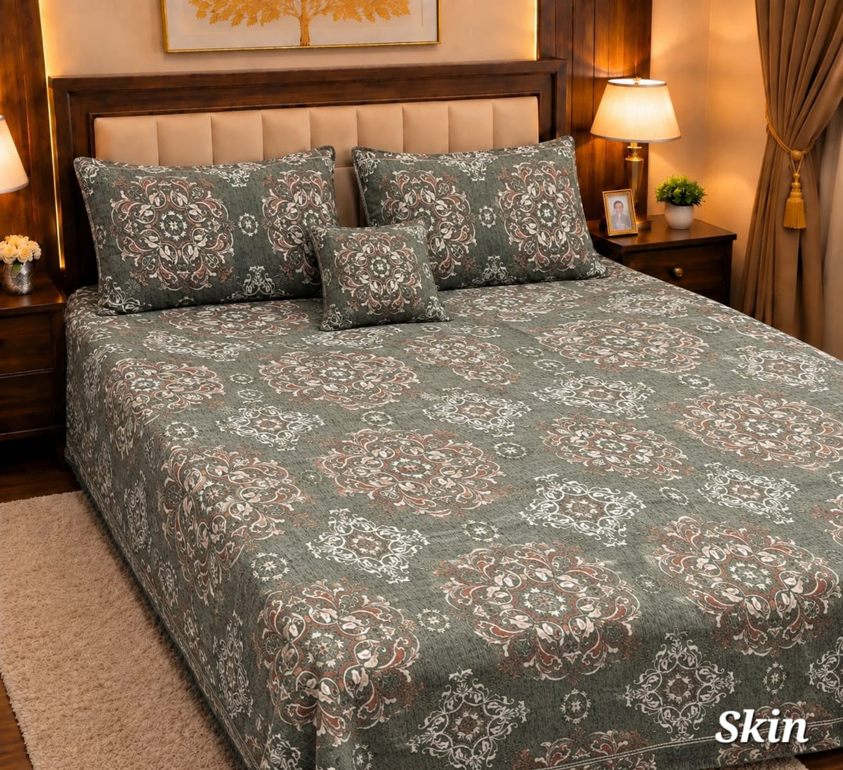 4 Pc Velvet Jacquard Bedsheet King Size | Luxury Printed Bed Sheet Set with 2 Pillow Covers & Cushion Cover | Skin & brown