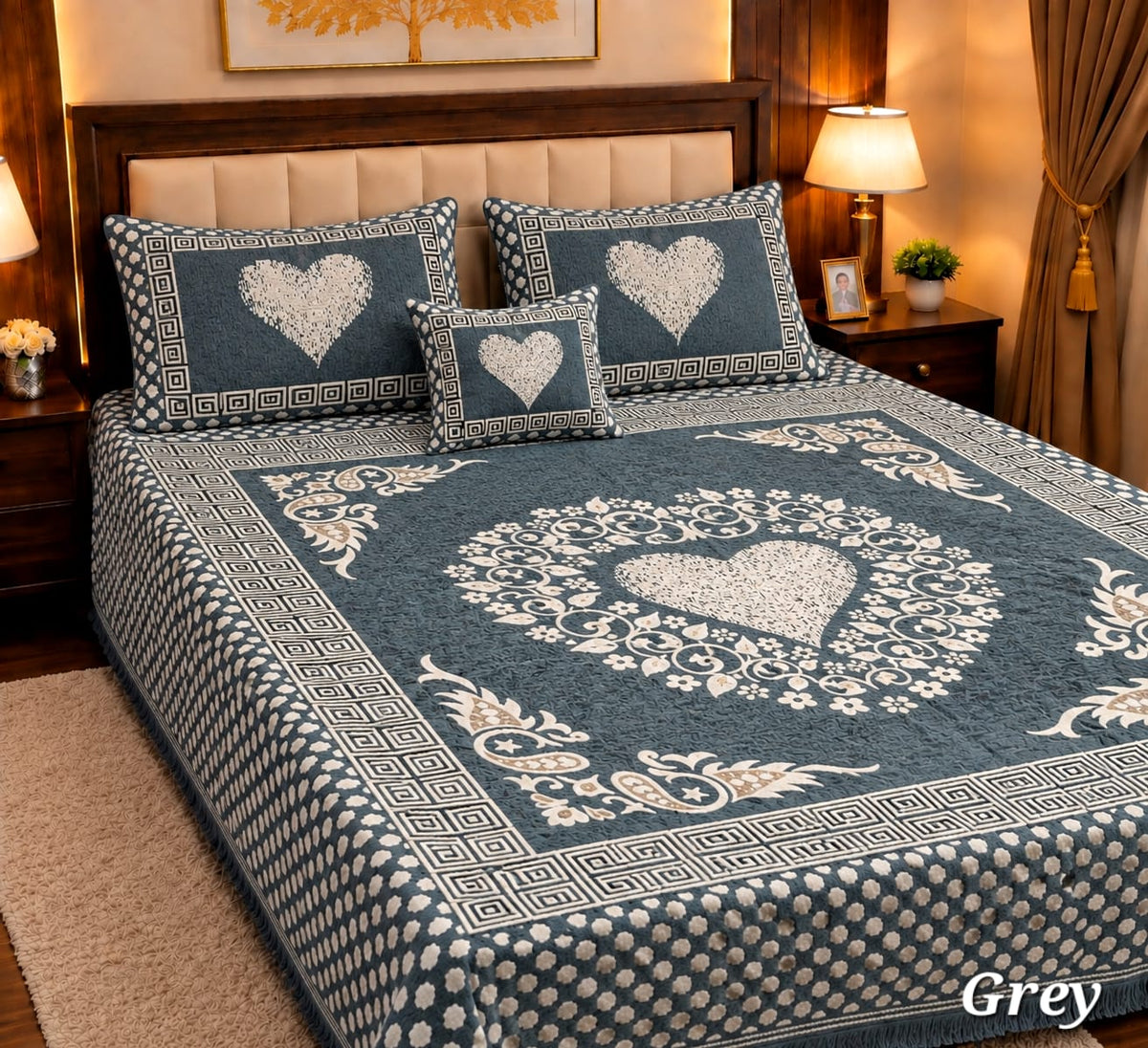 4 Pc Velvet Jacquard Bedsheet King Size | Luxury Printed Bed Sheet Set with 2 Pillow Covers & Cushion Cover | Grey