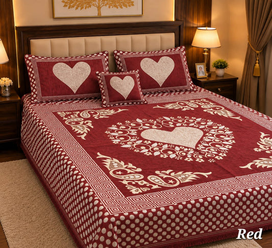 4 Pc Velvet Jacquard Bedsheet King Size | Luxury Printed Bed Sheet Set with 2 Pillow Covers & Cushion Cover | Red
