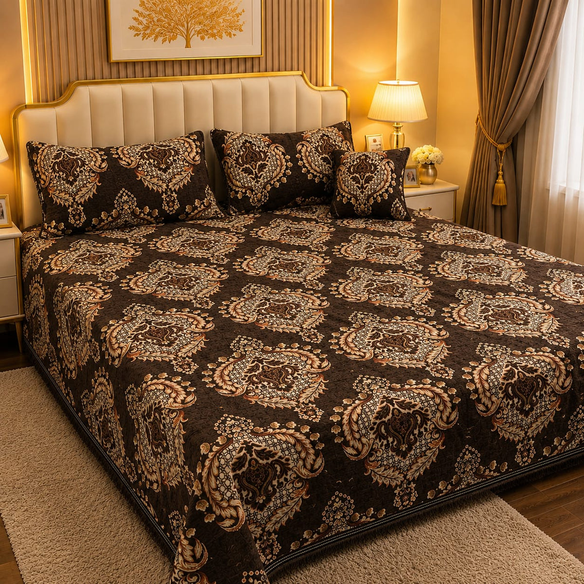 4 Pc Velvet Jacquard Bedsheet King Size | Luxury Printed Bed Sheet Set with 2 Pillow Covers & Cushion Cover | Choclate Brown