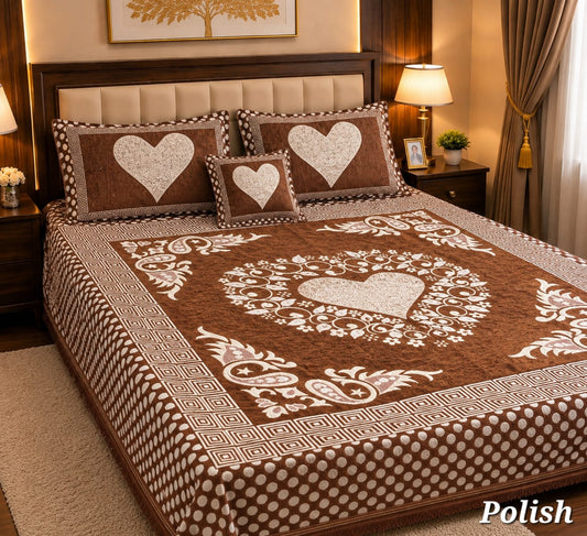 4 Pc Velvet Jacquard Bedsheet King Size | Luxury Printed Bed Sheet Set with 2 Pillow Covers & Cushion Cover | Polish