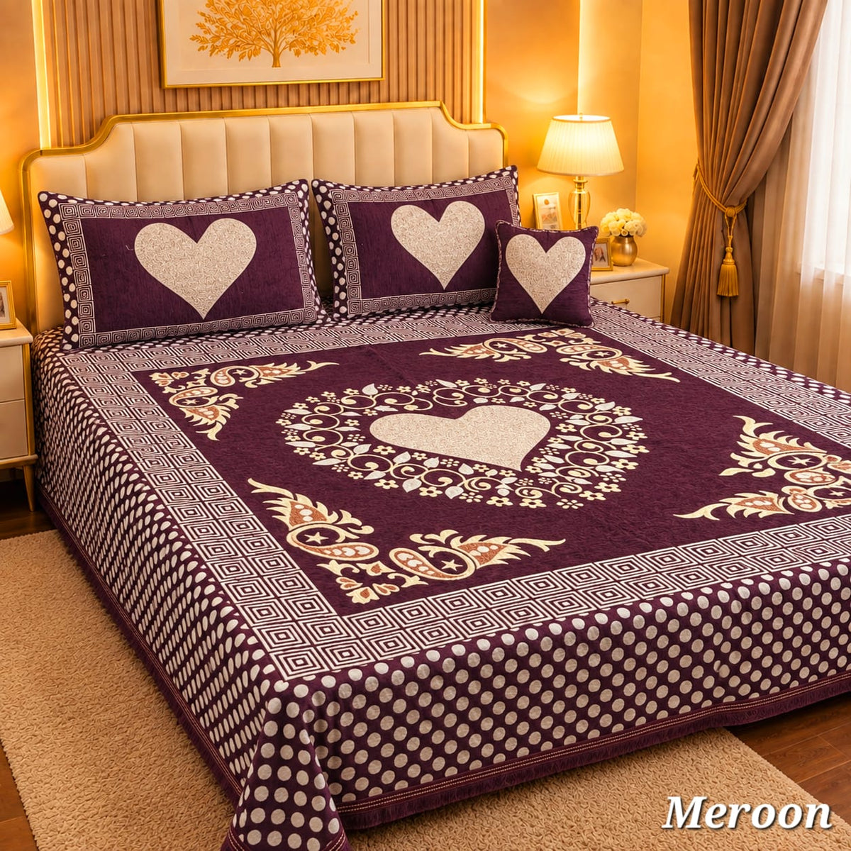 4 Pc Velvet Jacquard Bedsheet King Size | Luxury Printed Bed Sheet Set with 2 Pillow Covers & Cushion Cover | Purple