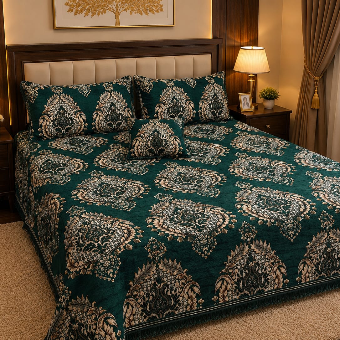 4 Pc Velvet Jacquard Bedsheet King Size | Luxury Printed Bed Sheet Set with 2 Pillow Covers & Cushion Cover | Dark Green
