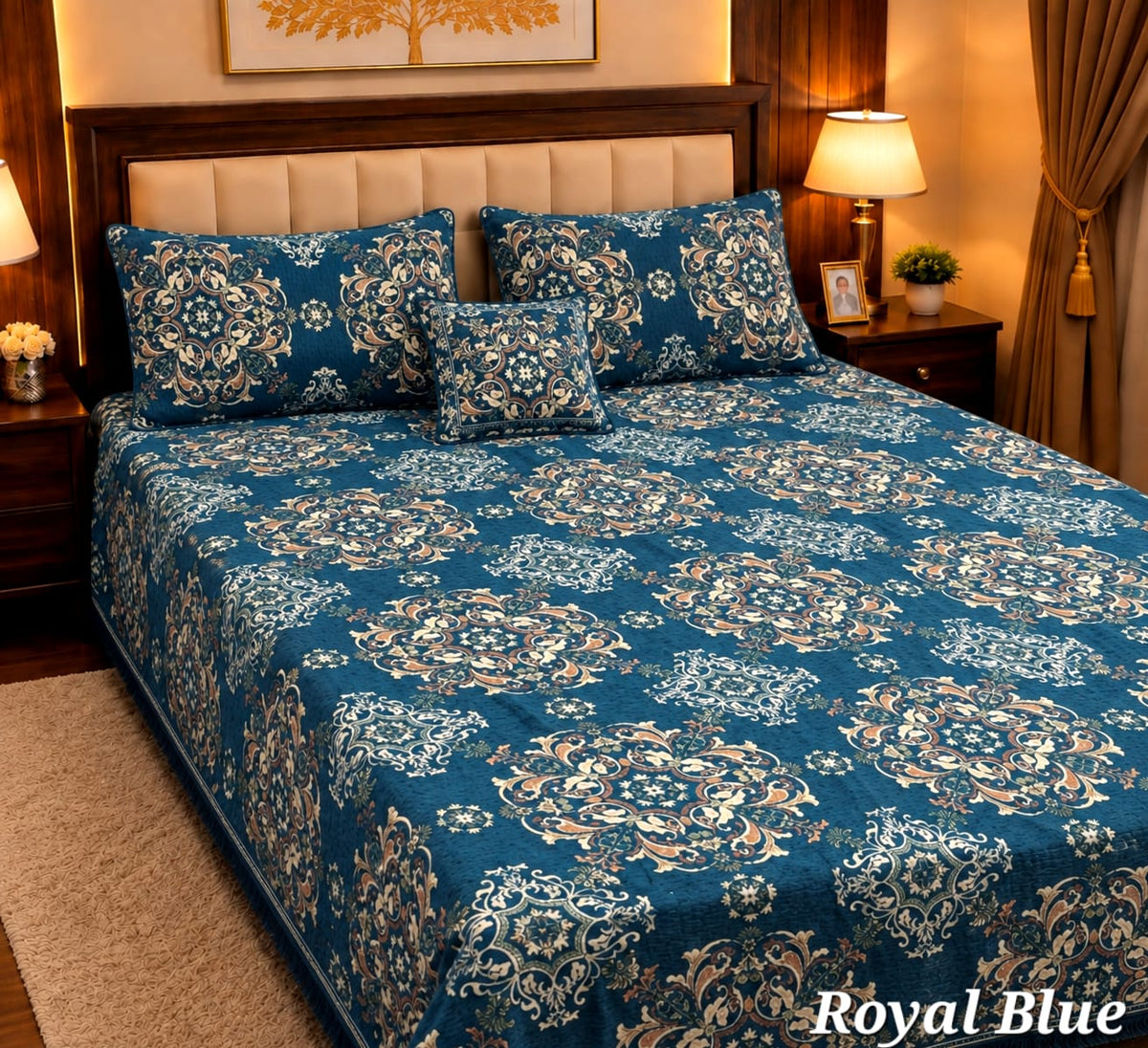 4 Pc Velvet Jacquard Bedsheet King Size | Luxury Printed Bed Sheet Set with 2 Pillow Covers & Cushion Cover | Royal Blue