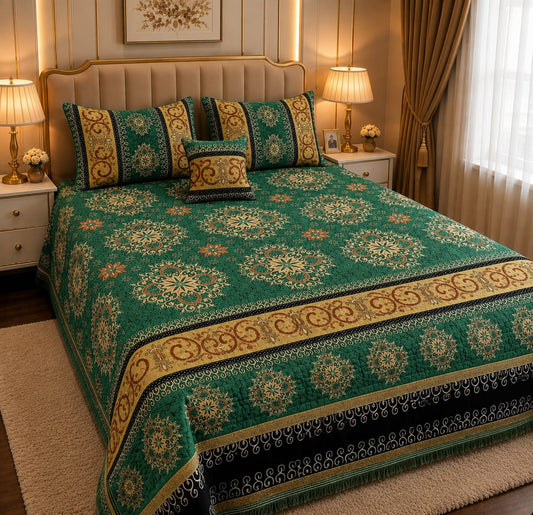 4 Pc Velvet Jacquard Bedsheet King Size | Luxury Printed Bed Sheet Set with 2 Pillow Covers & Cushion Cover | Green & Gold