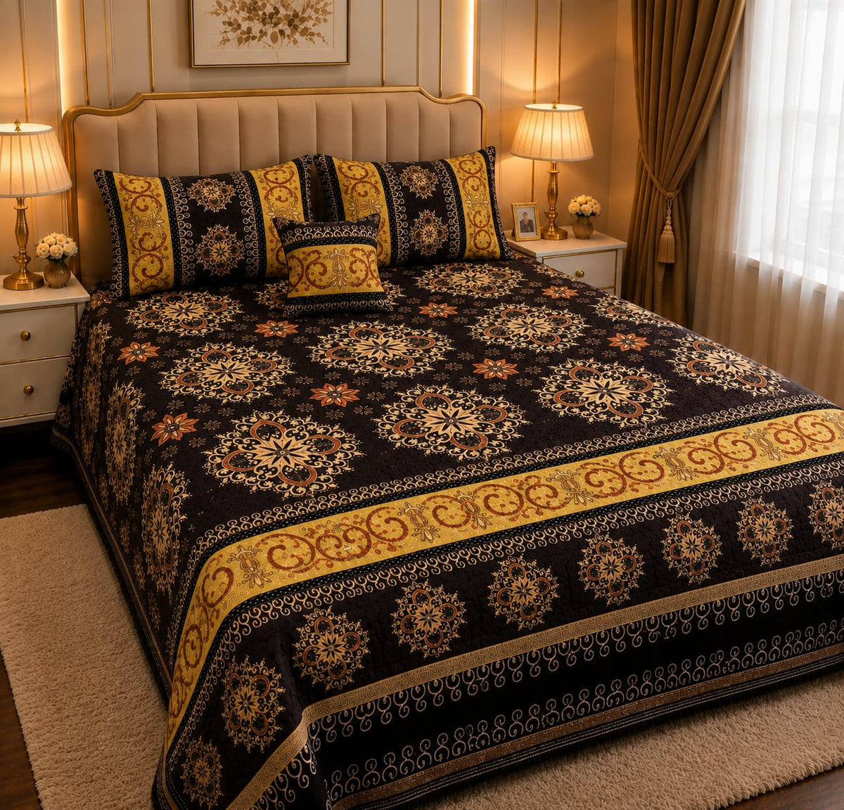 4 Pc Velvet Jacquard Bedsheet King Size | Luxury Printed Bed Sheet Set with 2 Pillow Covers & Cushion Cover | Dark Brown & Gold