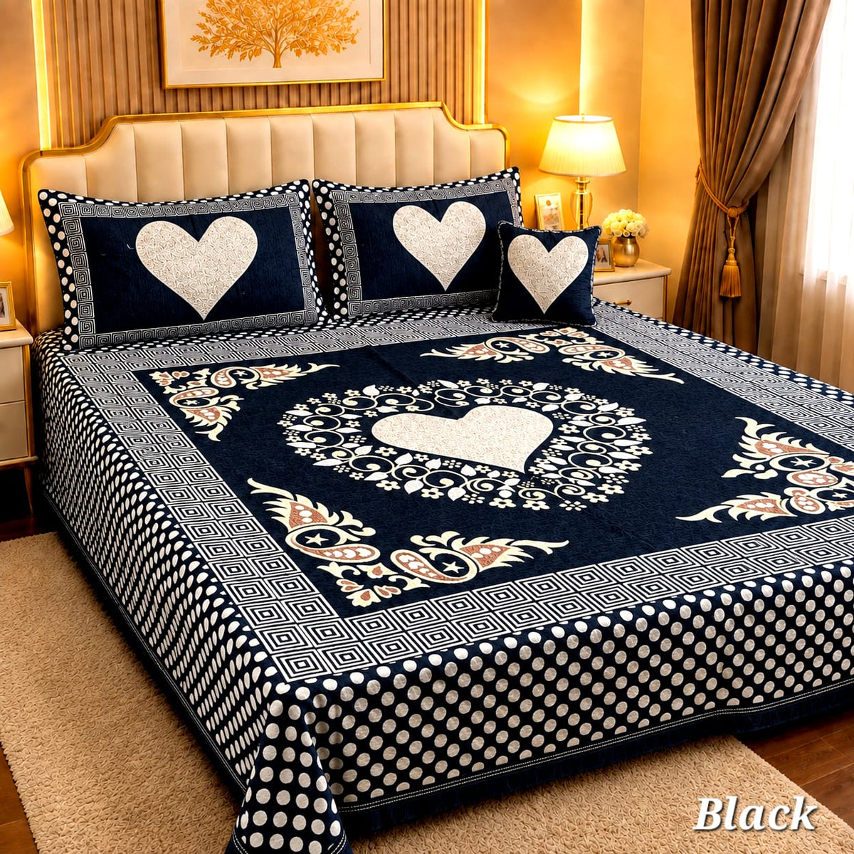 4 Pc Velvet Jacquard Bedsheet King Size | Luxury Printed Bed Sheet Set with 2 Pillow Covers & Cushion Cover | Black