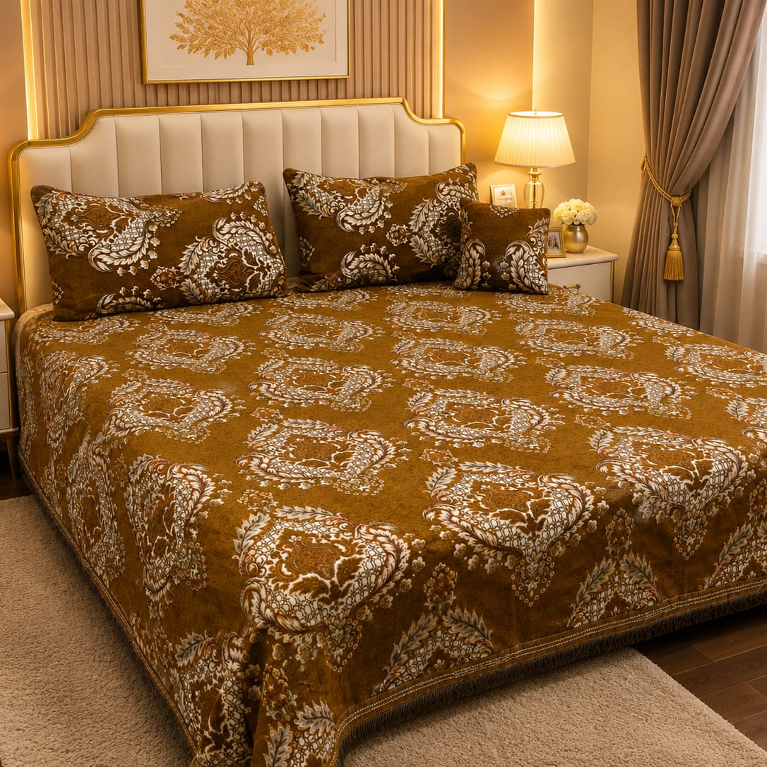 4 Pc Velvet Jacquard Bedsheet King Size | Luxury Printed Bed Sheet Set with 2 Pillow Covers & Cushion Cover | Gold & Cream
