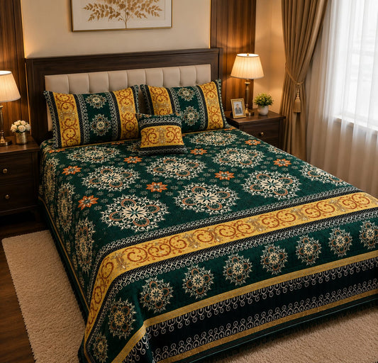4 Pc Velvet Jacquard Bedsheet King Size | Luxury Printed Bed Sheet Set with 2 Pillow Covers & Cushion Cover | Green & Gold