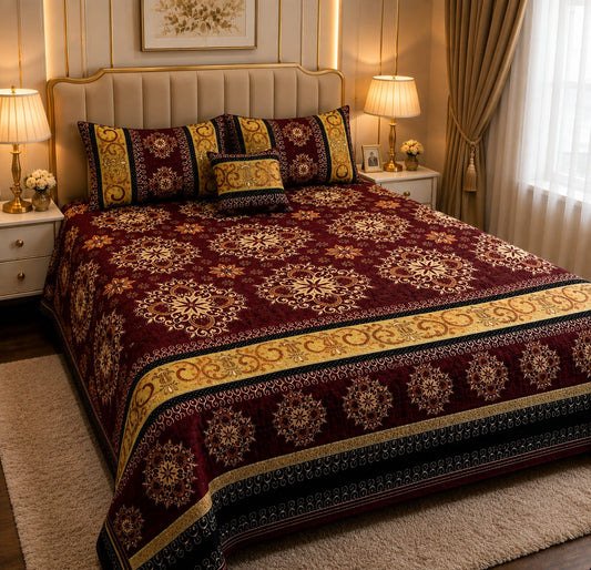 4 Pc Velvet Jacquard Bedsheet King Size | Luxury Printed Bed Sheet Set with 2 Pillow Covers & Cushion Cover | Red & Gold