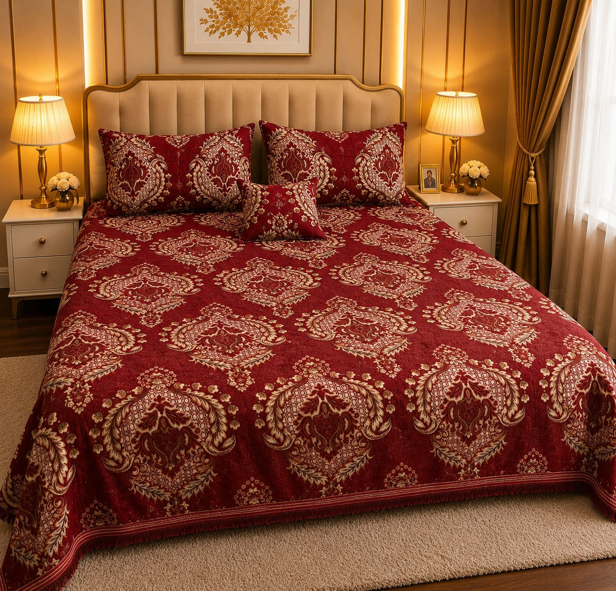 4 Pc Velvet Jacquard Bedsheet King Size | Luxury Printed Bed Sheet Set with 2 Pillow Covers & Cushion Cover | Red