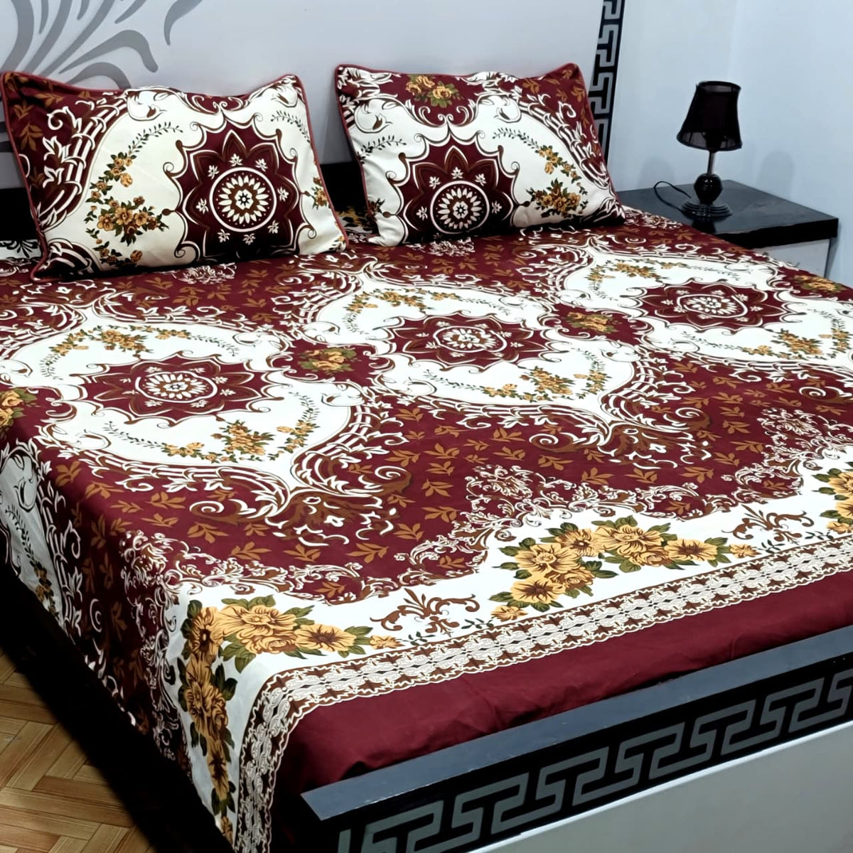 3 PC Cristal Cotton Bedsheet Set – King Size Printed Bedsheet with 2 Pillow Covers
