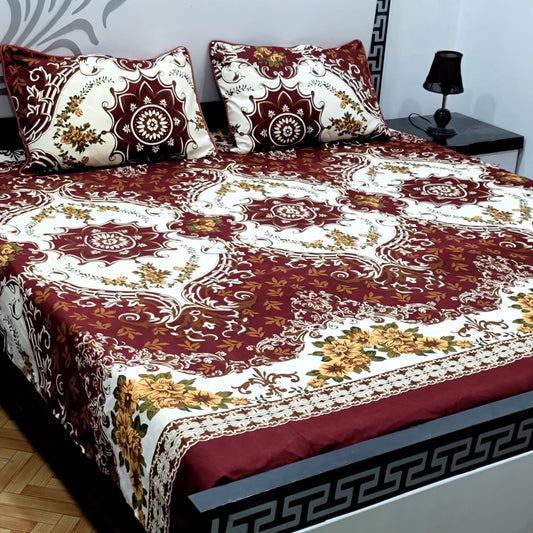 3 PC Cristal Cotton Bedsheet Set – King Size Printed Bedsheet with 2 Pillow Covers