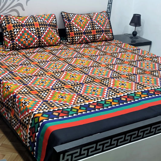3 PC Cristal Cotton Bedsheet Set – King Size Printed Bedsheet with 2 Pillow Covers