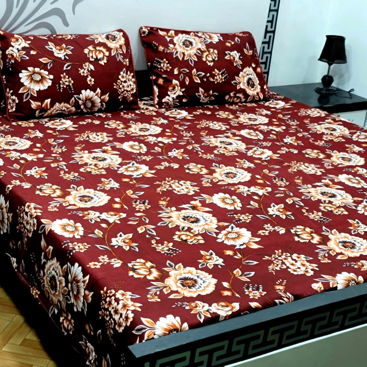 3 PC Cristal Cotton Bedsheet Set – King Size Printed Bedsheet with 2 Pillow Covers