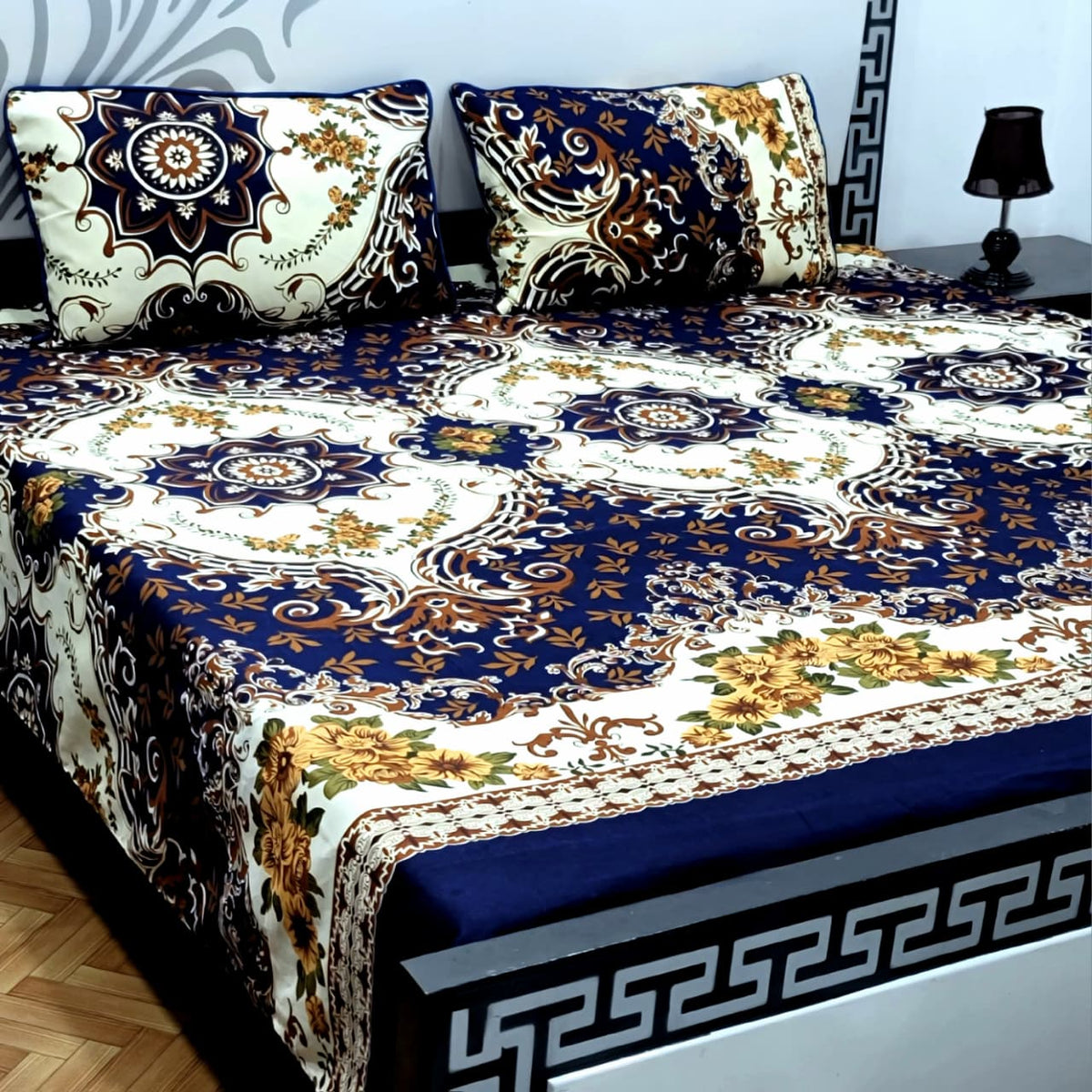 3 PC Cristal Cotton Bedsheet Set – King Size Printed Bedsheet with 2 Pillow Covers