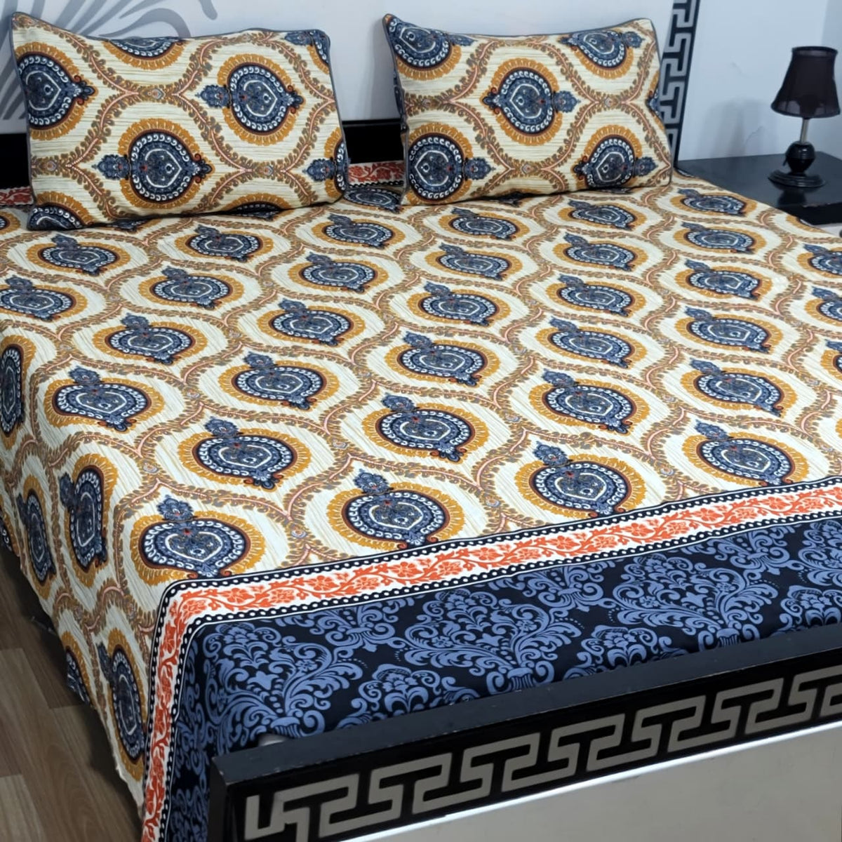 3 PC Cristal Cotton Bedsheet Set – King Size Printed Bedsheet with 2 Pillow Covers