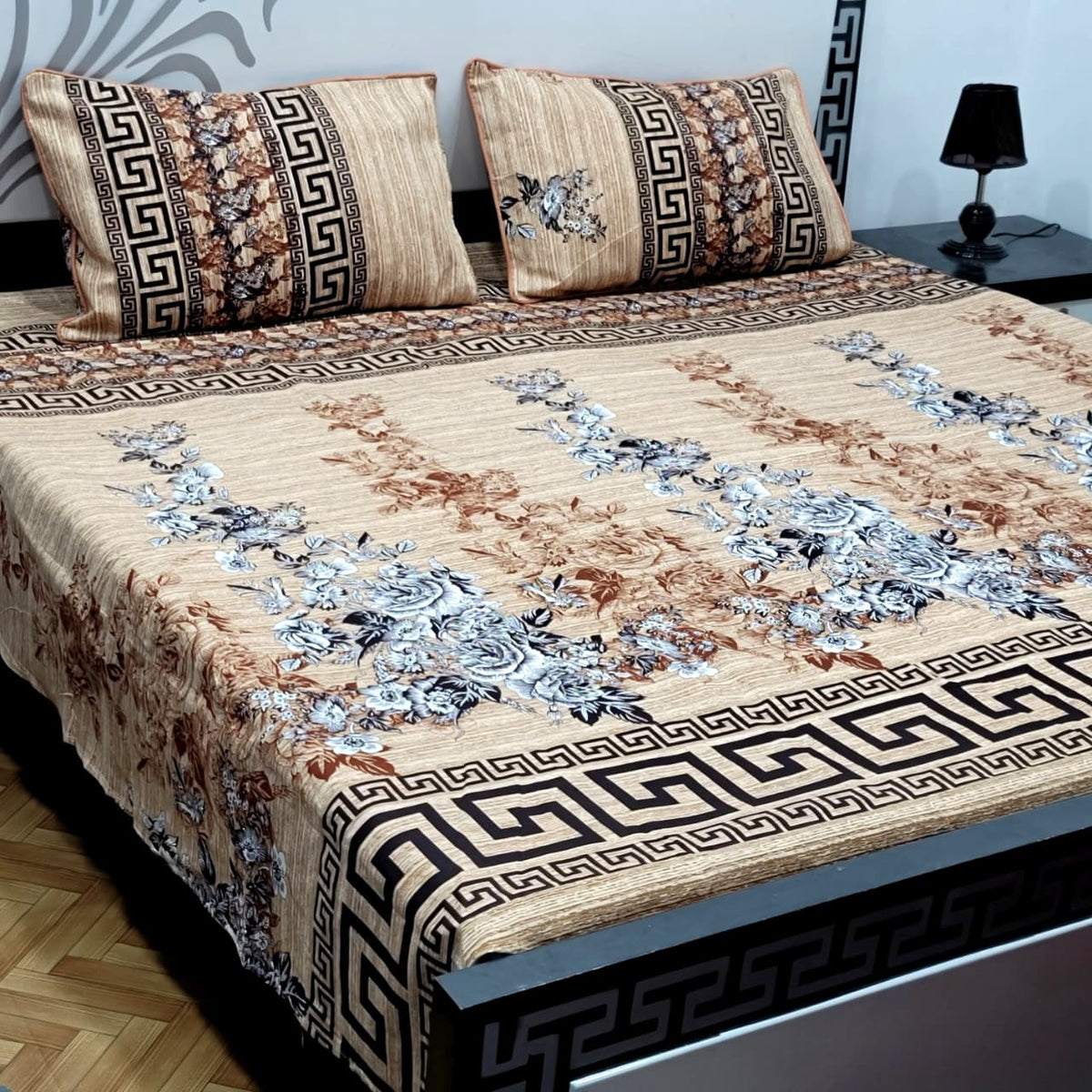 3 PC Cristal Cotton Bedsheet Set – King Size Printed Bedsheet with 2 Pillow Covers