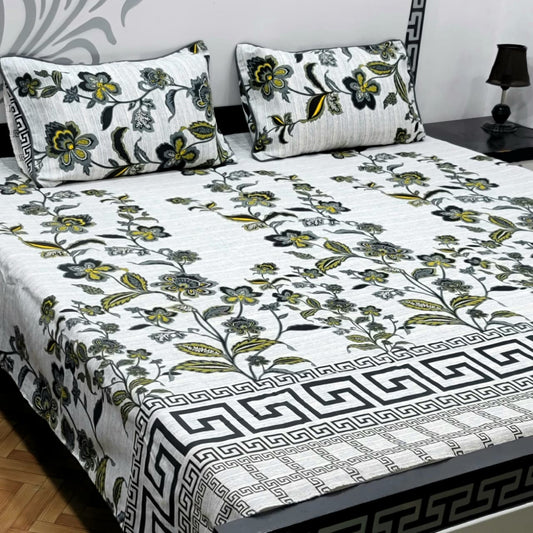 3 PC Cristal Cotton Bedsheet Set – King Size Printed Bedsheet with 2 Pillow Covers