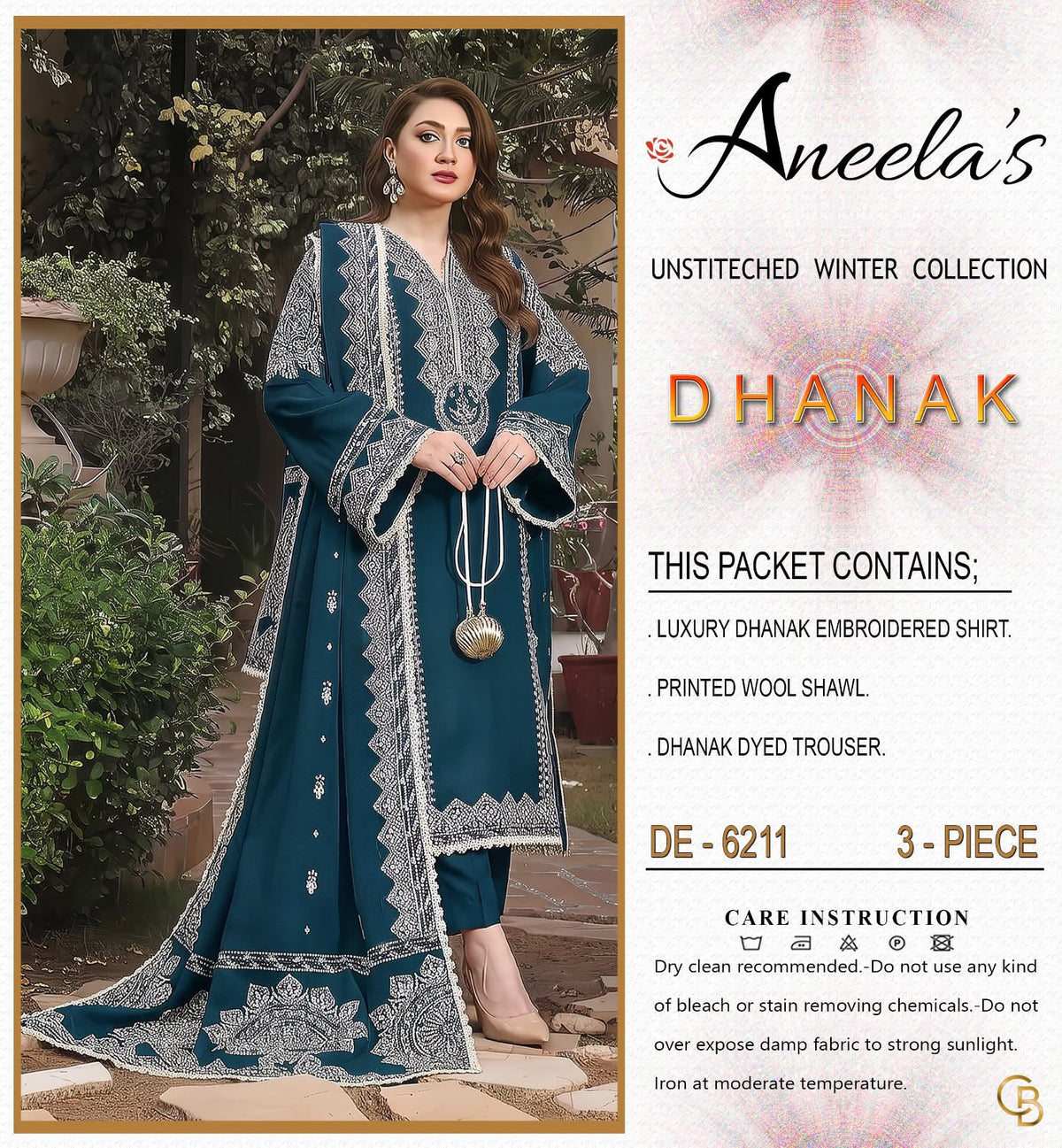 Aneela’s Luxury Dhanak Embroidered 3-Piece Winter Suit | Wool Shawl & Dyed Trouser