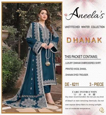Aneela’s Luxury Dhanak Embroidered 3-Piece Winter Suit | Wool Shawl & Dyed Trouser