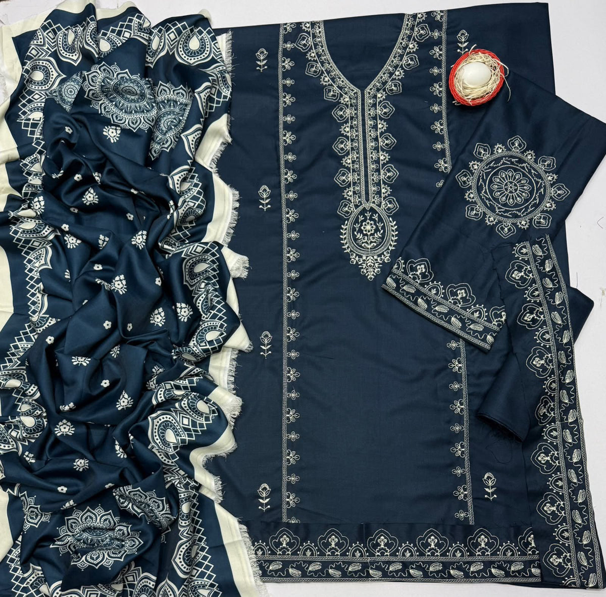Aneela’s Luxury Dhanak Embroidered 3-Piece Winter Suit | Wool Shawl & Dyed Trouser