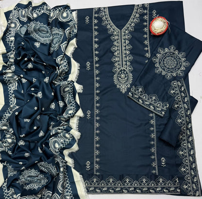 Aneela’s Luxury Dhanak Embroidered 3-Piece Winter Suit | Wool Shawl & Dyed Trouser