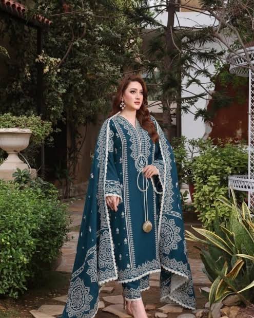 Aneela’s Luxury Dhanak Embroidered 3-Piece Winter Suit | Wool Shawl & Dyed Trouser