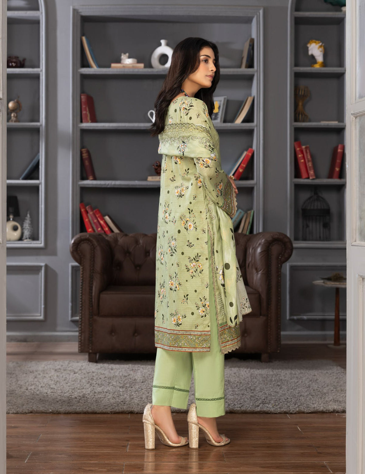 Elegant Floral Sage 3-Pcs Suit